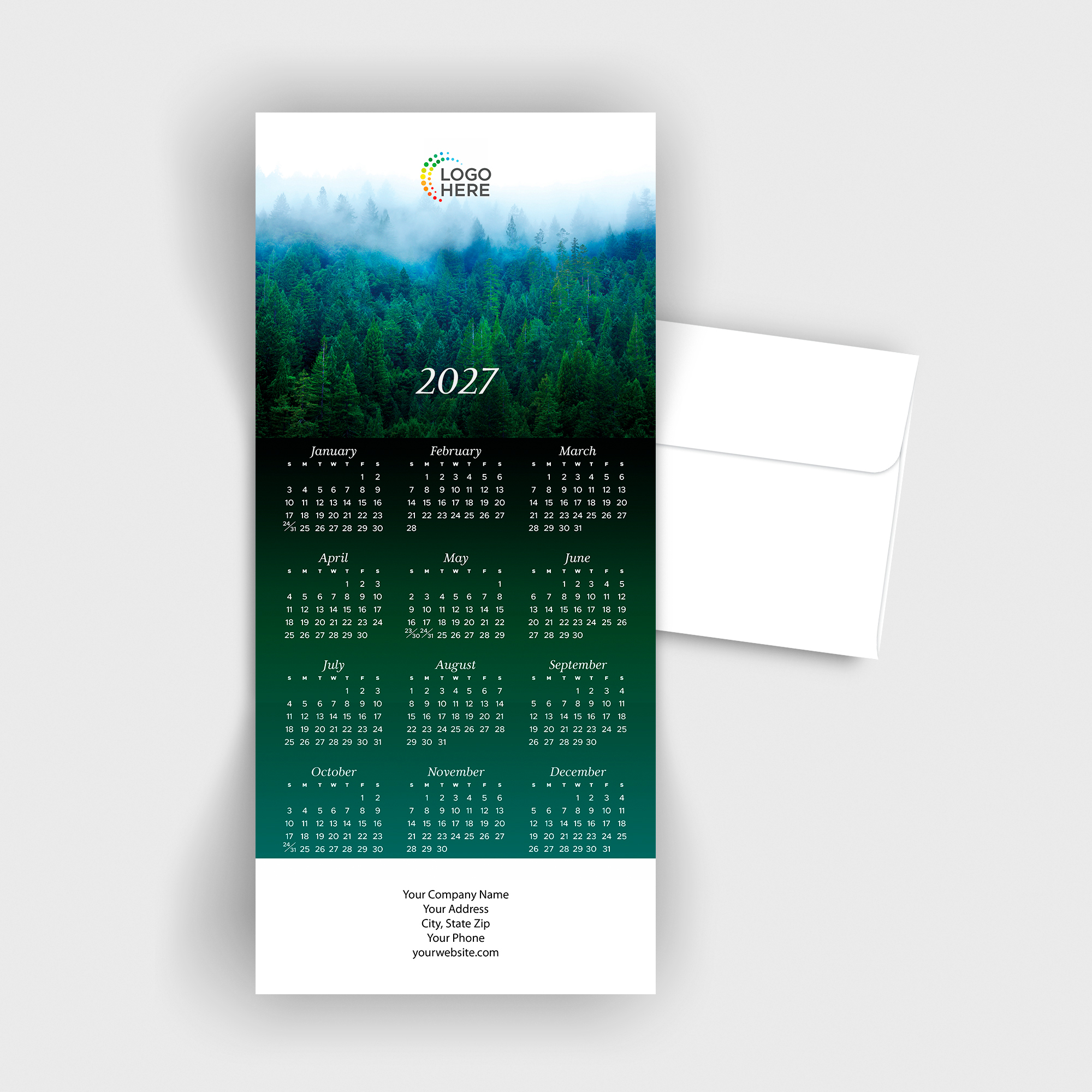 Misty Evergreens Logo Calendar Card D3501U-4A